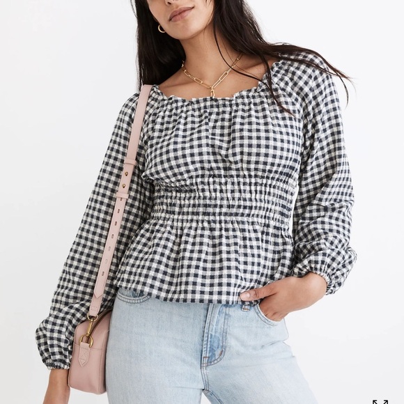 MADEWELL Navy /White Checkered Off The Shoulder Peasant Cropped Ruffle Top (L) - Picture 1 of 15